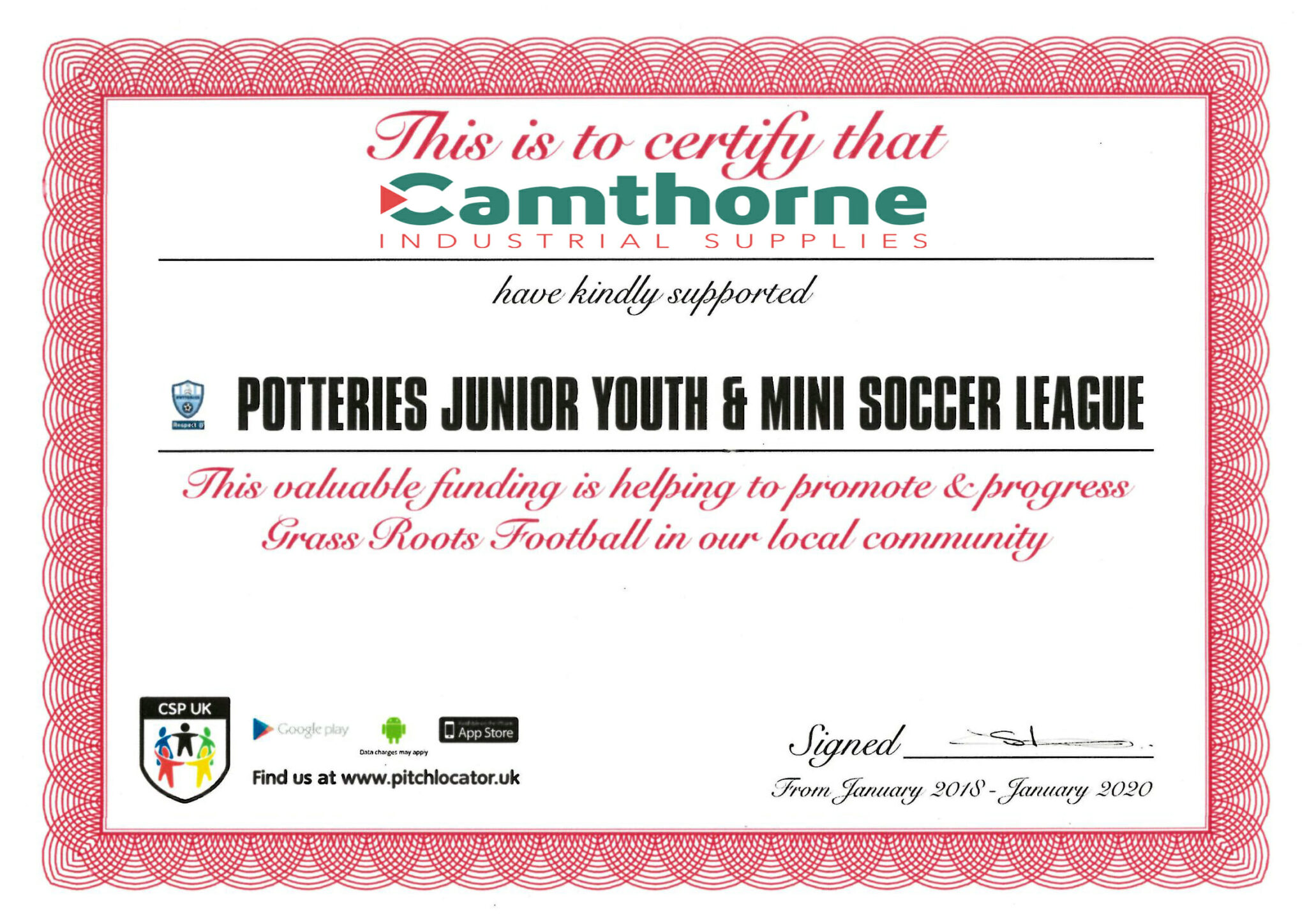 Camthorne supports Potteries Junior Youth & Mini Soccer league Camthorne Industrial Supplies